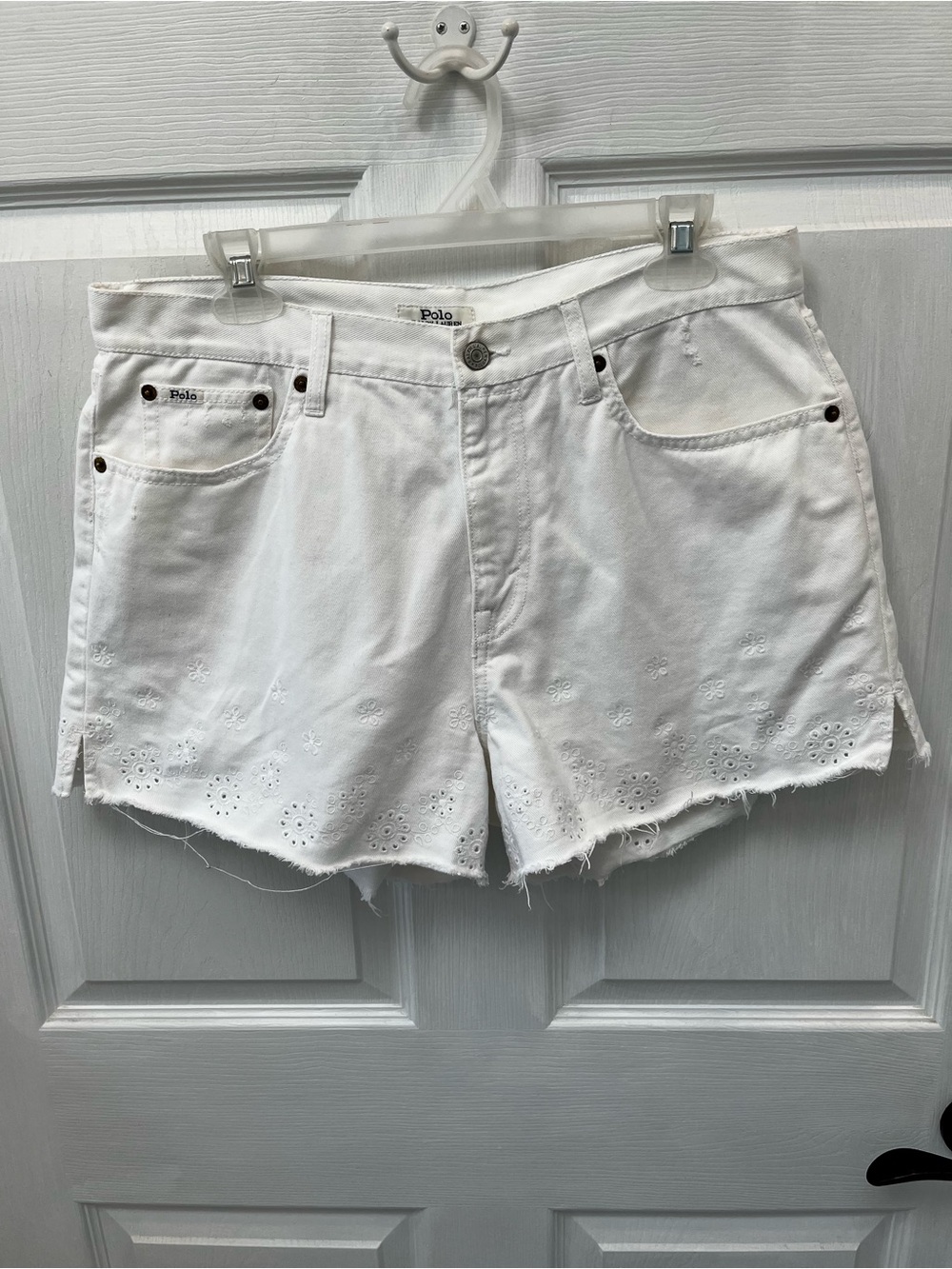 Polo Ralph Lauren Sophia White 100% Cotton Eyelet Cut Off Denim Shorts 30 Beach